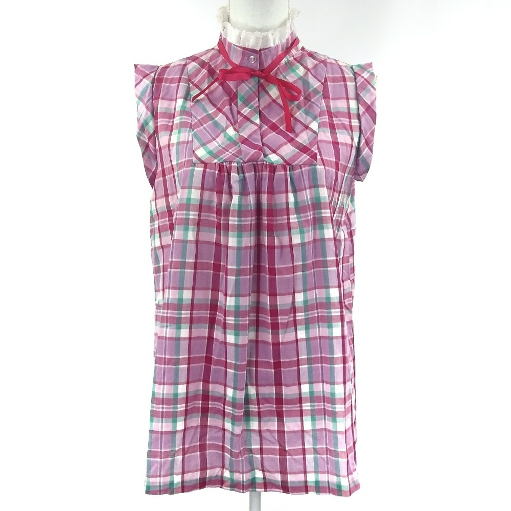Vintage Pink & Turquoise Plaid Shirt w Ribbon Tie